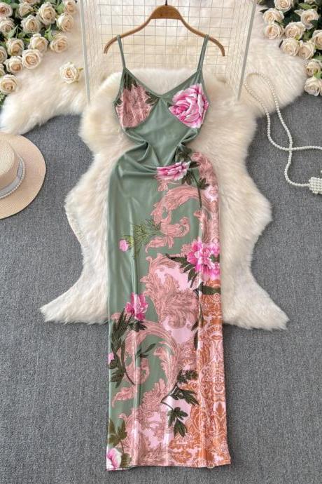 Womens Floral Print Satin Slip Maxi Dress Summer