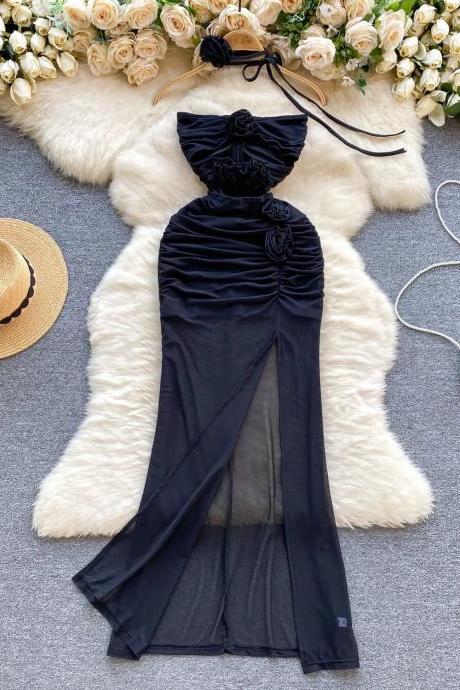 Elegant Velvet Halter Neck Slit Maxi Dress Black