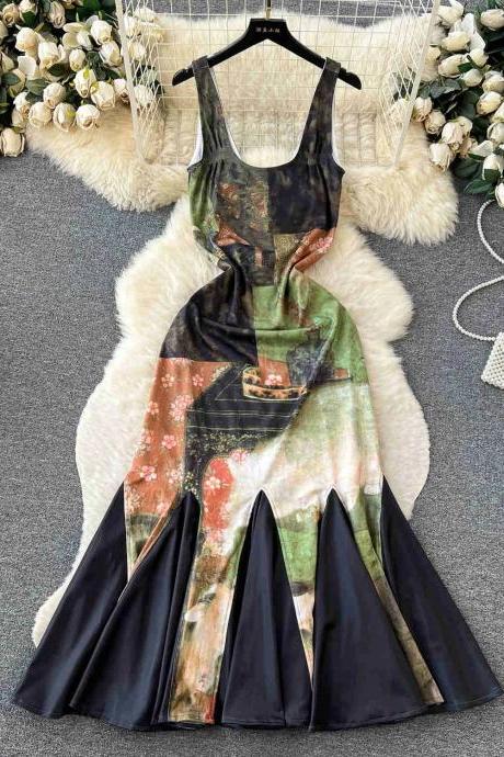 Womens Vintage-inspired Print Sleeveless Flared Maxi Dress