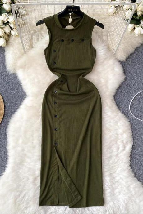 Olive Green Sleeveless Buttoned Midi Dress Womens