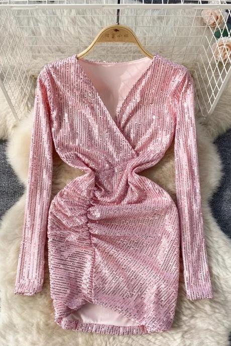 Womens Long-sleeve Pink Sequin Wrap Dress Partywear