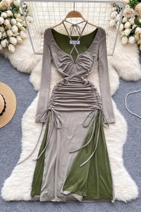 Elegant Long-sleeve Ruched Satin Midi Dress With Ties