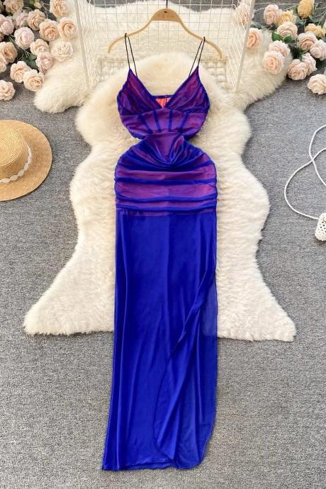 Elegant Royal Blue Satin Halter Neck Maxi Dress