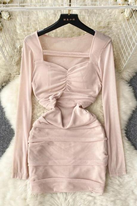 Elegant Blush Pink Long Sleeve Ruched Mini Dress