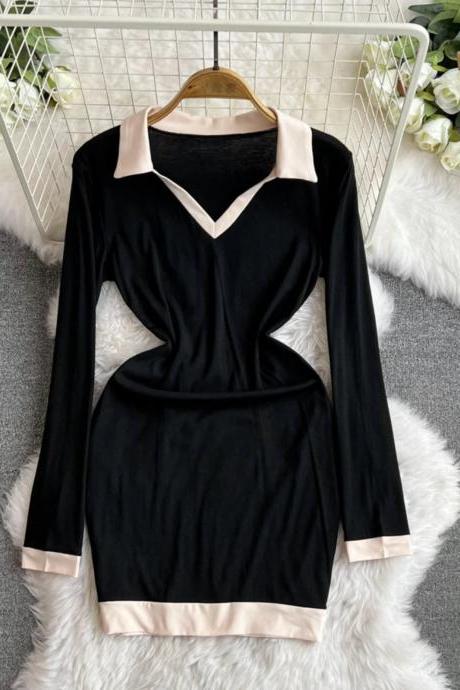 Elegant Long Sleeve Black Dress With Contrast Trim