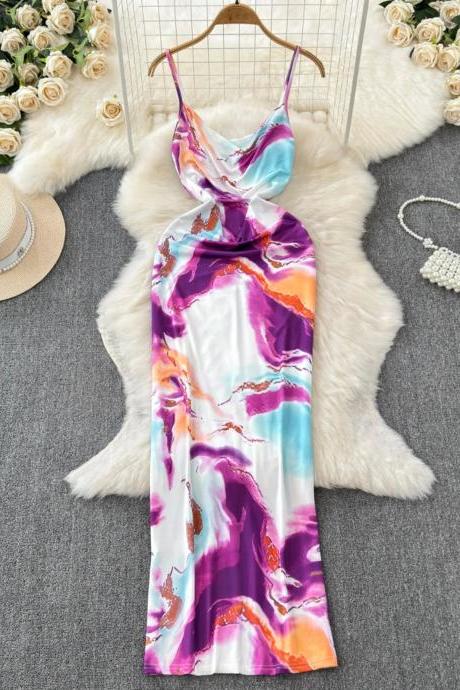 Silky Multicolor Abstract Print Cowl Neck Slip Dress