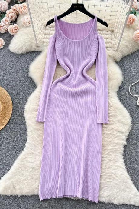 Elegant Lilac Cutout Long Sleeve Ribbed Midi Dress