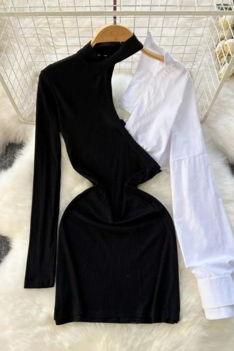 Womens High Neck Asymmetrical Black And White Tops