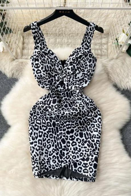 Womens Sleeveless Leopard Print Knot Front Mini Dress