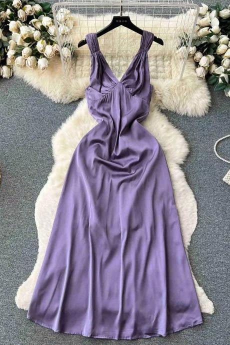 Elegant Sleeveless Satin Midi Dress In Lavender