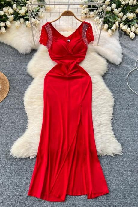 Elegant Red Sequined Cap Sleeve Evening Gown