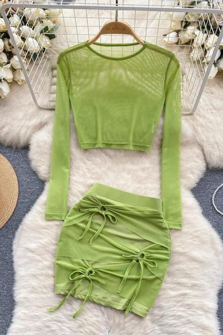 Womens Lime Green Mesh Crop Top Skirt Set