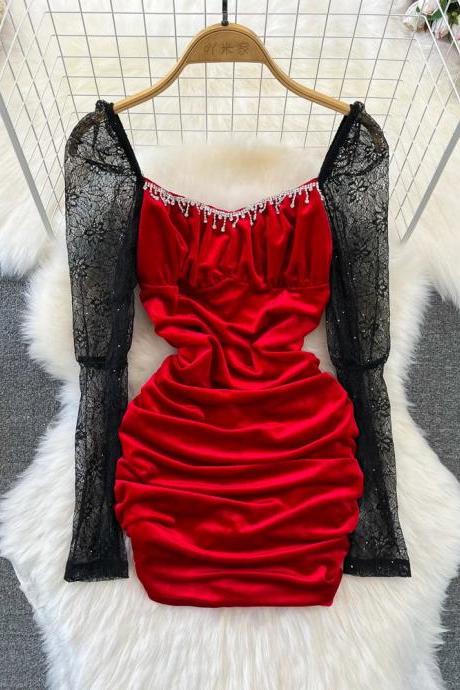 Elegant Red Velvet Dress With Black Lace Sleeves