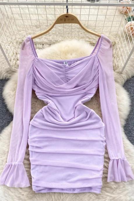 Womens Long Sleeve Ruched Bodycon Mini Dress Lavender