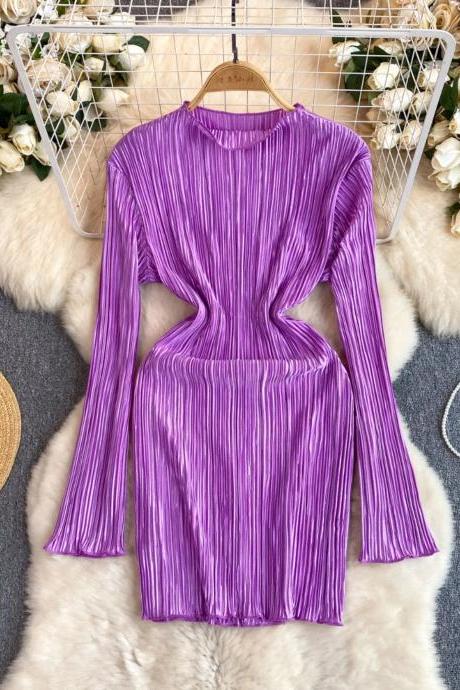 Womens Long Sleeve Pleated Velvet Dress Purple