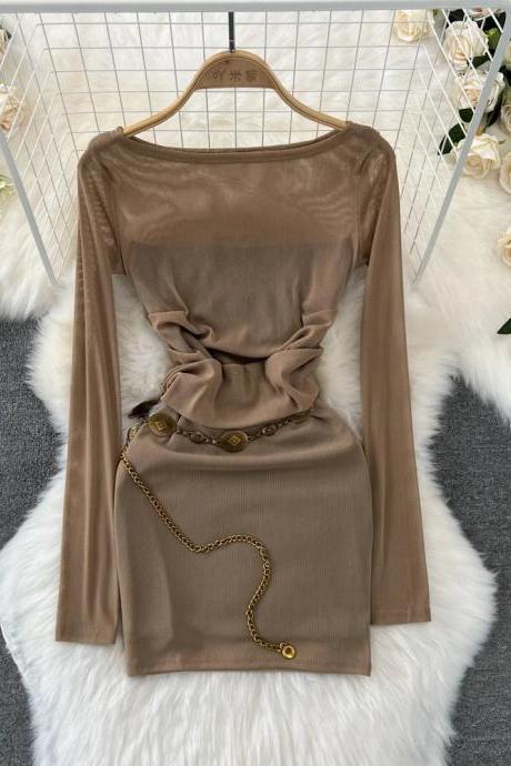 Womens Long Sleeve Sheer Top With Chain Belt