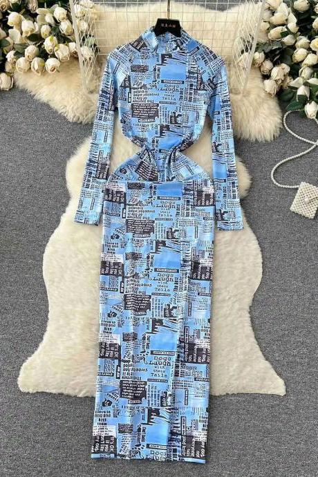 Womens Long Sleeve Blue Cityscape Print Shirt Dress