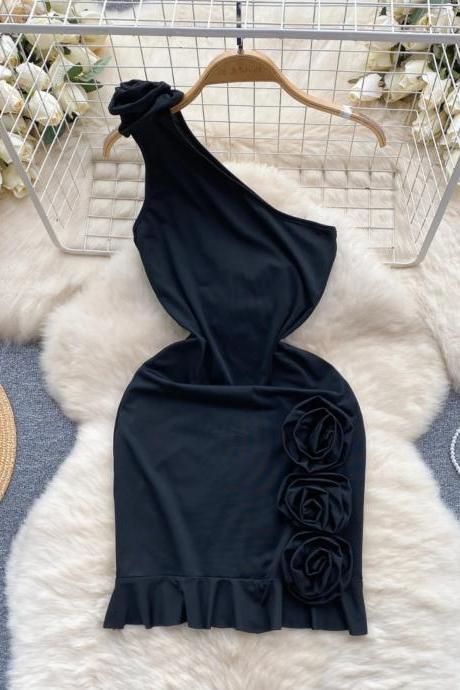 Elegant One-shoulder Black Dress With Floral Accents