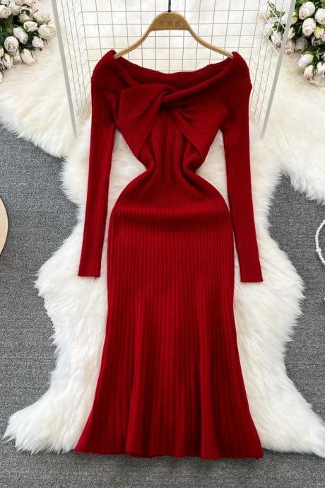 Elegant Red Off-shoulder Ribbed Knit Long Dress