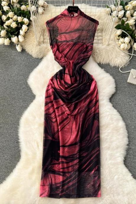 Elegant Maroon Turtleneck Sleeveless Maxi Dress For Women