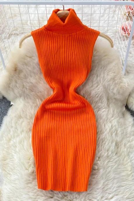 Elegant Turtleneck Sleeveless Ribbed Knit Orange Dress