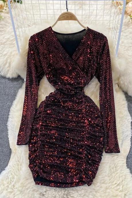 Womens Sparkling Sequin Cocktail Dress With Long Sleeves