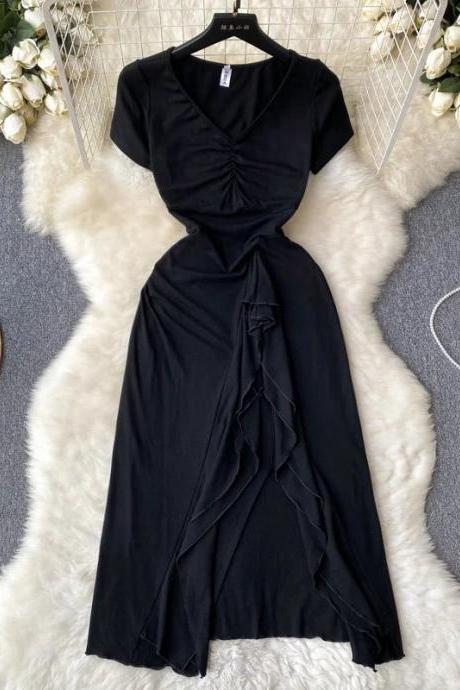 Elegant Black V-neck Midi Wrap Dress With Ruffles