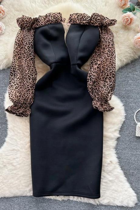 Womens Elegant Leopard Print Sleeve Cocktail Evening Dress