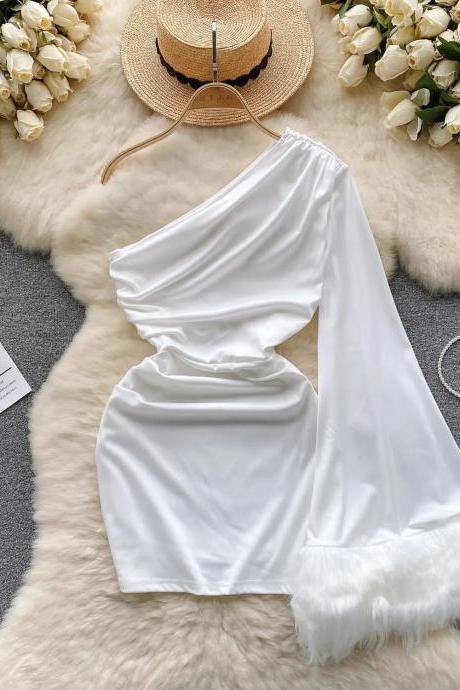 Elegant One-shoulder White Satin Dress With Feather Trim