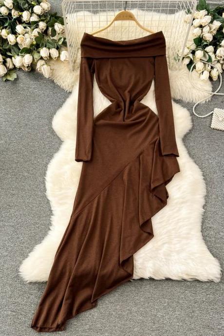 Elegant Off-shoulder Brown Ruffled Long Evening Dress
