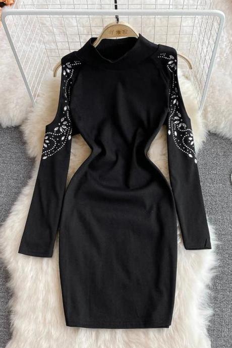 Elegant Black Dress With Rhinestone Beaded Sleeve Detail