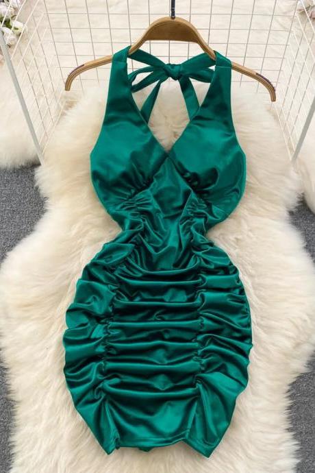 Emerald Green Satin Halter Neck Ruched Mini Dress