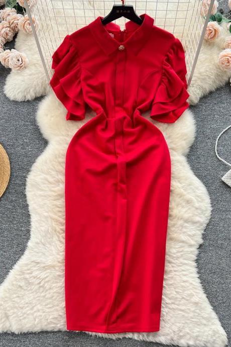 Elegant Red Short-sleeve Midi Dress For Women