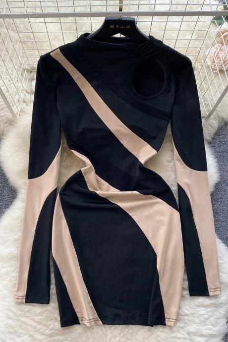 Elegant Color Block Asymmetric Neckline Bodycon Dress