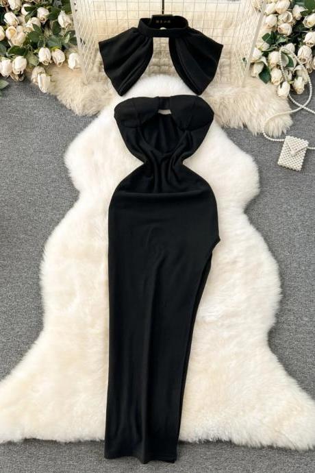 Elegant Black Halter Neck Maxi Dress With Bow Detail