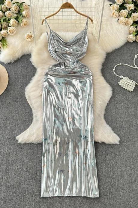 Womens Metallic Silver Cowl Neck Satin Gown