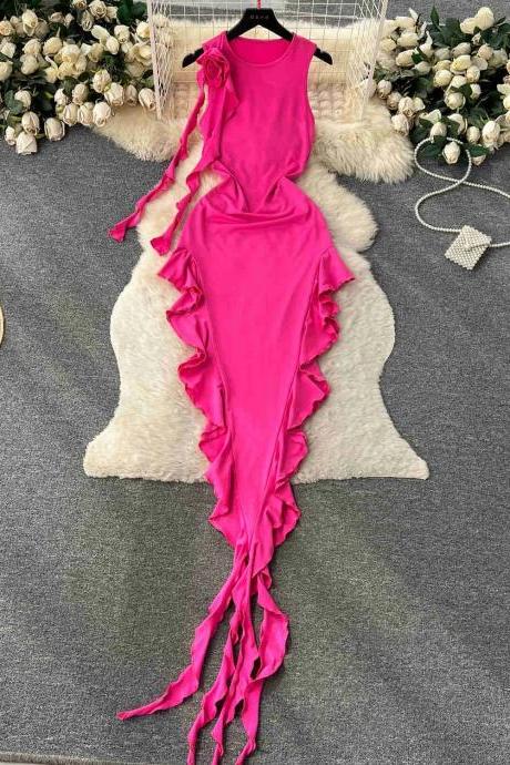 Womens Sleeveless Ruffle Trim Pink Gown