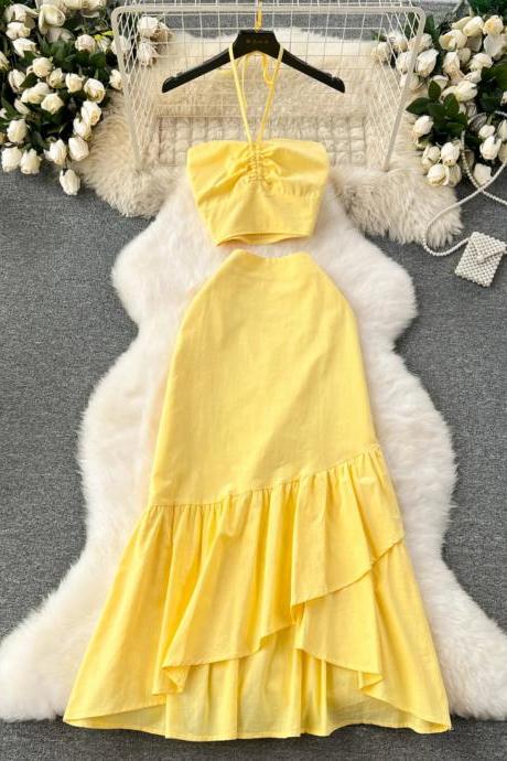 Womens Yellow Backless Halter Neck Summer Dress