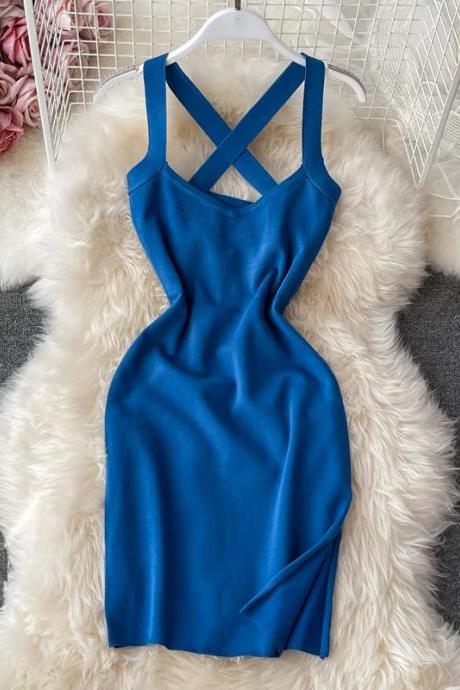 Elegant Royal Blue Satin Cocktail Dress With Strappy Back