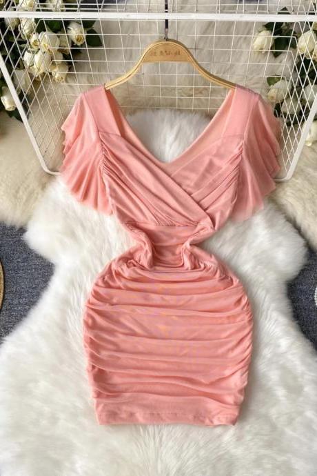 Womens Elegant Pink Ruched Crossover Bodycon Dress