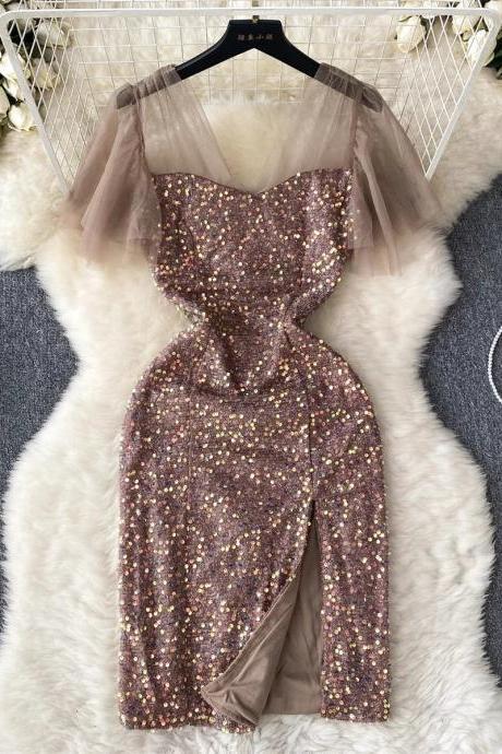 Womens Glitter Sequin Long Sleeve Slit Evening Gown