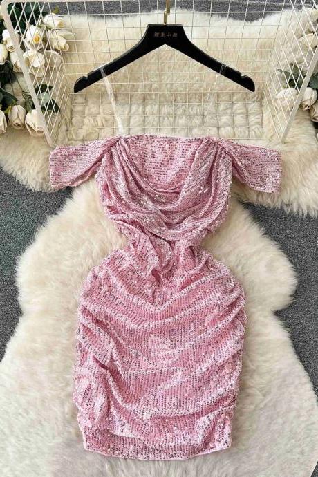 Elegant Pink Sequin Off-shoulder Bodycon Mini Dress