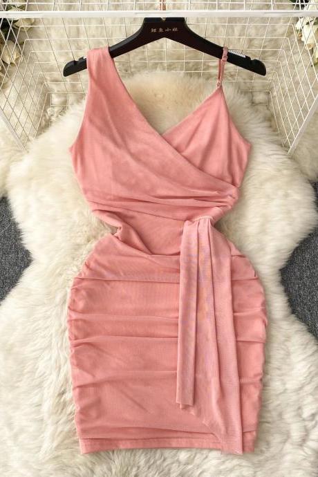 Elegant Blush Pink Crossover Sleeveless Party Dress