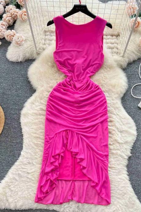 Elegant Fuchsia Ruched Midi Dress With Ruffle Hem