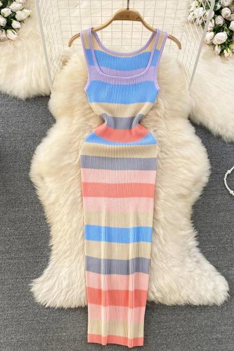 Sleeveless Striped Knit Maxi Dress With Scoop Neckline