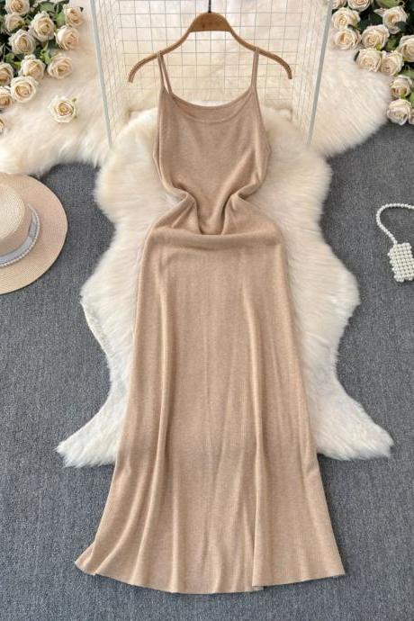 Elegant Sleeveless Tan Midi Summer Dress For Women