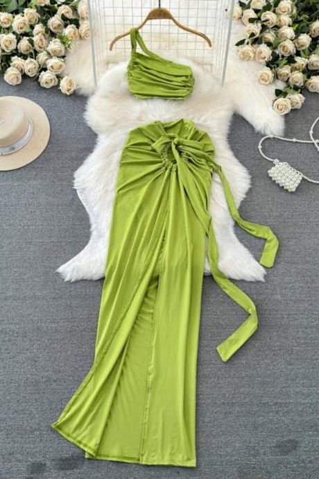 Elegant Lime Green Satin Gown With Wraparound Neckline