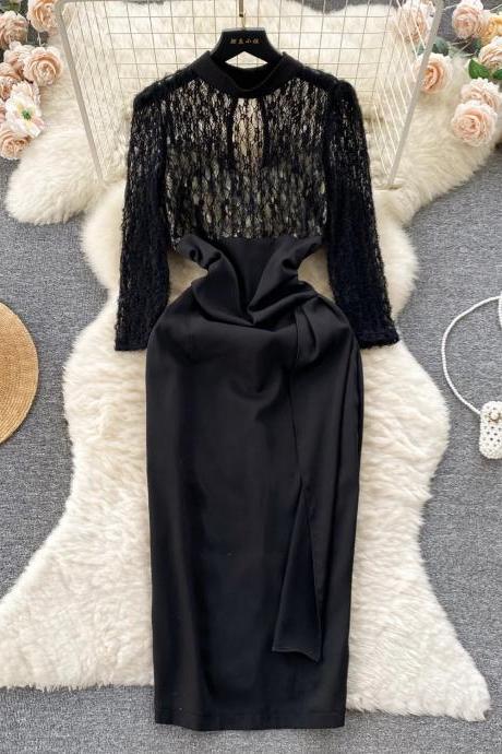 Elegant Black Lace Sleeve Satin Evening Dress