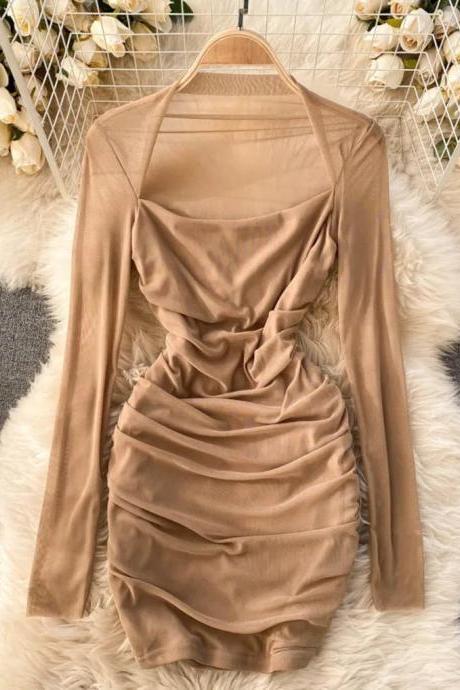 Elegant Long Sleeve Caramel Draped Satin Mini Dress