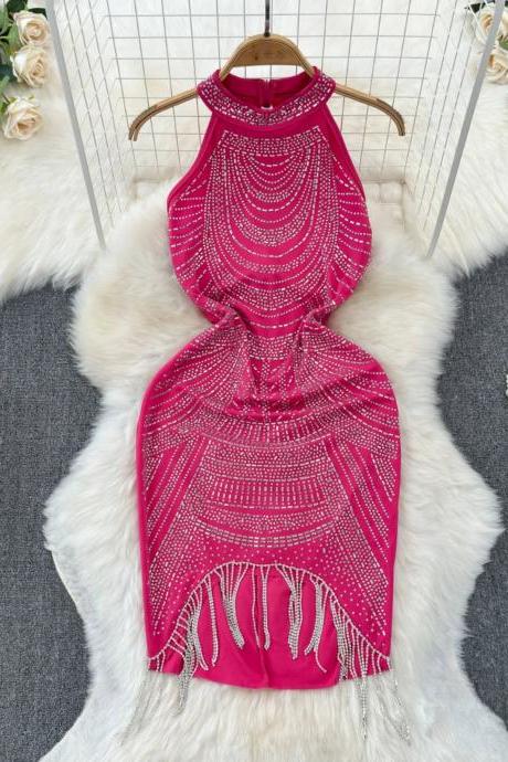 Elegant Fuchsia Beaded Halter Dress With Fringe Detail